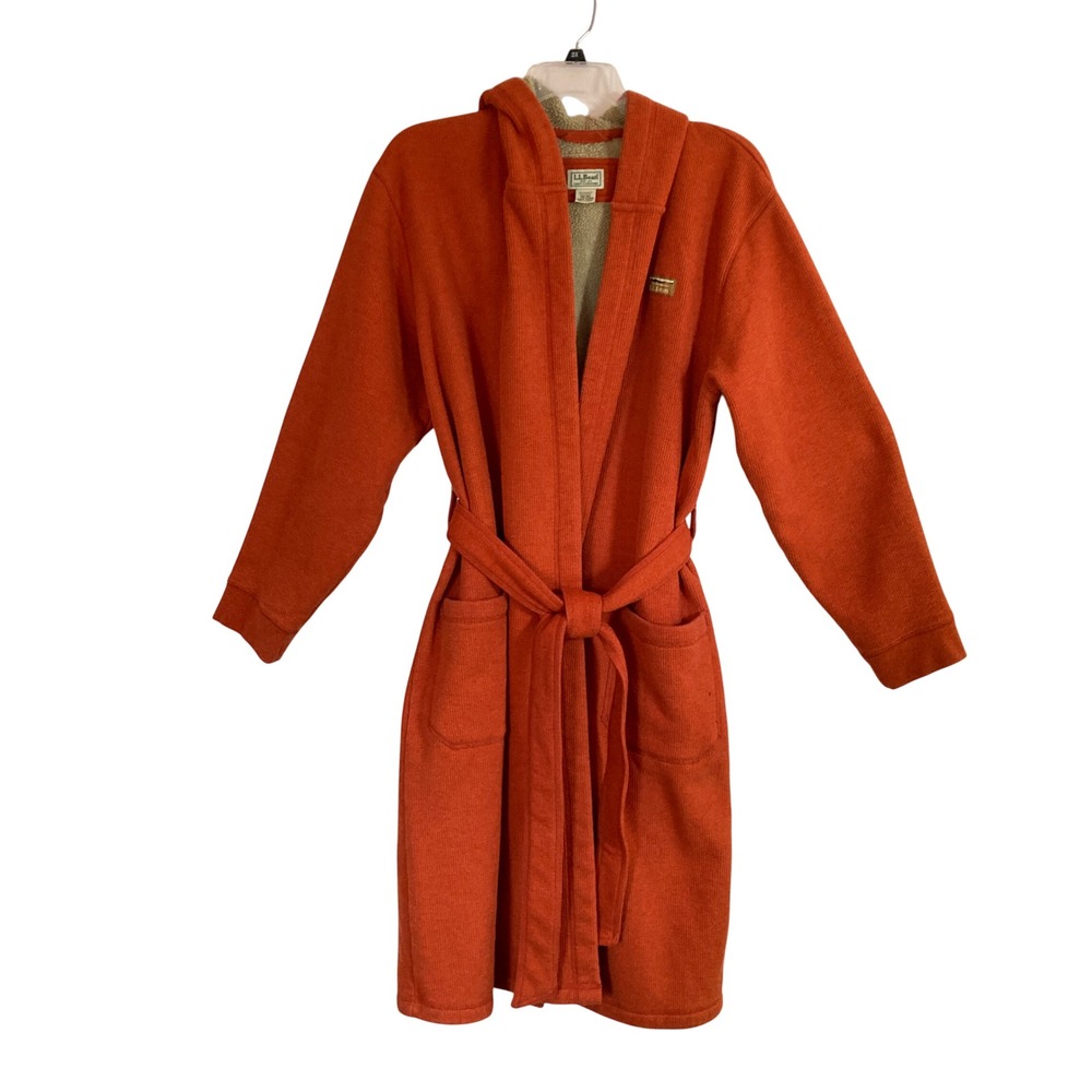 L.L. Bean Bonded Waffle Fleece Robe Hooded Rust Orange Lounge Dad